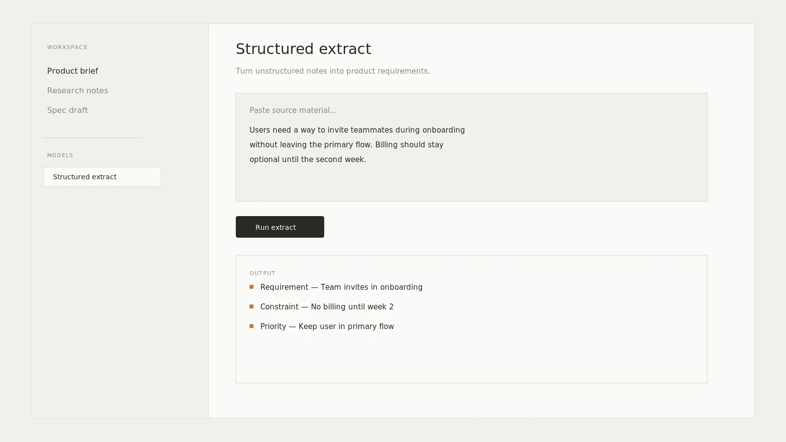 AI product workspace interface